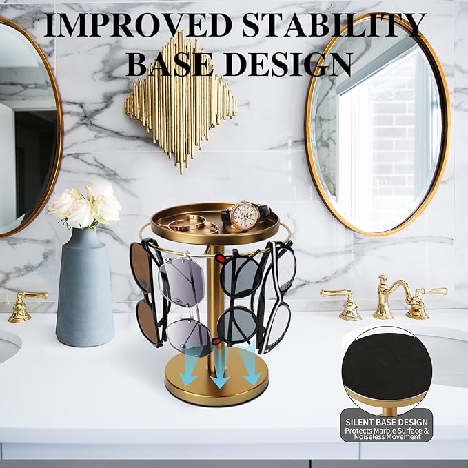 360° Rotating Sunglass Organizer Storage, Stainless Steel Glasses Holder Stand, Glasses Organizer with Tray for Desk, Dresser, Tabletop, Nightstand and Home Decor (Gold)-DeskLoop Office