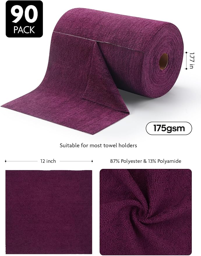 Fantasticlean Microfiber Cleaning Cloth Roll -90 Pack, Tear Away Microfiber Towels, 12" x 12", Reusable, Washable, Scratch Free, Ultra Absorbent Dish Rags for Car, Home, Garage or Shop (Deep Purple)-DeskLoop Office