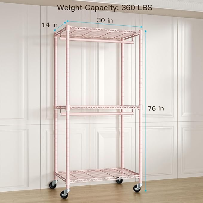 P1 Medium Heavy-Duty Portable Closet, 30" W x 14" D x 76" H, Metal Rolling Clothing Rack, Pink-DeskLoop Office