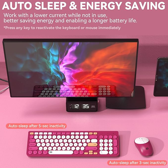 FD Wireless Keyboards and Mouse Combo - 2.4GHz USB Cordless, Cute Wireless Keyboard Round Keys, Quiet and Slim Set for Laptop, Computer, TV and Mac - Strawberry White Colorful-DeskLoop Office