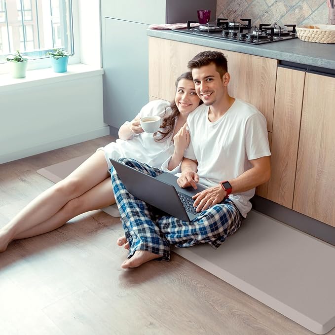 KitchenClouds 2PCS Kitchen Rugs Cushioned Anti-Fatigue Non-Slip Waterproof Kitchen Mat Comfort Foam Standing Mat for Floor Office Sink Laundry (Khaki)-DeskLoop Office