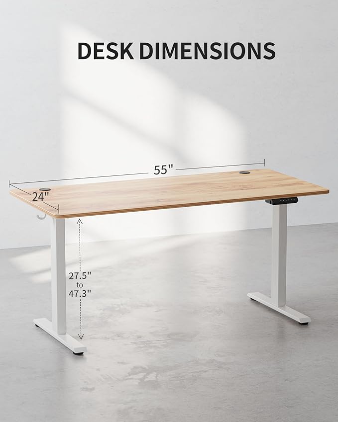 FEZIBO One-Piece Standing Desk Adjustable Height Stand up Home Office Desk, 55x24 Inch Electric Standing Computer Desk, with 4 Memory Presets, Fixable casters, Light Rustic-DeskLoop Office