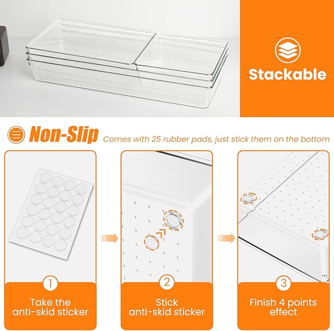12 Pack Clear Plastic Drawer Organizer Set, Acrylic Non Slip Non Cracking Kitchen Drawer Storage Tray Large Size Divider, Multifunctional Storage for Cosmetics, Bathroom, Tools, Kitchen and Office-DeskLoop Office
