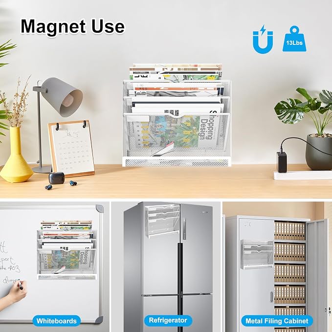 KZWKRG 4 Tier Magnetic File Holder, Large Capacity Mesh Hanging Wall Organizer - Image 6