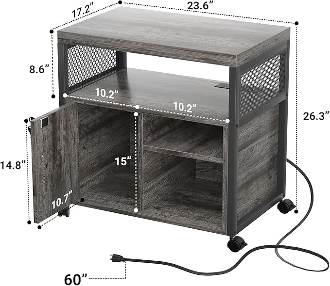 Unikito Rolling File Cabinet Lateral Office Filing Cabinets with Socket and USB Charging Port, Modern Printer Stand on Wheels Printer Cabinet with Door and Open Storage, Lockable, Black Oak-DeskLoop Office