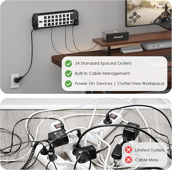 HHSOET Heavy Duty Power Strip with Surge Protection, Industrial Commercial Metal 24 Outlets Wall Mount for Garage Shop, 15 Amp, Switch, 6FT Extension Cord, Grey.-DeskLoop Office