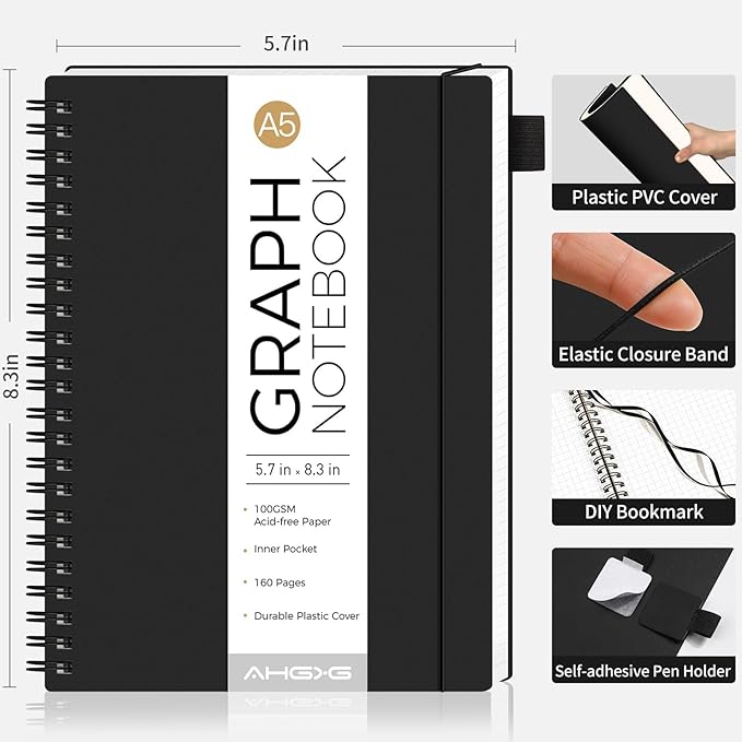 AHGXG Graph Paper Notebook - Spiral Notebook Journal 160 Pages, A5 Graph Notebook 5.7" x 8.3", 100 gsm Thick Grid Paper, Waterproof Plastic Cover, for School Writing Engineering Math, Black-DeskLoop Office