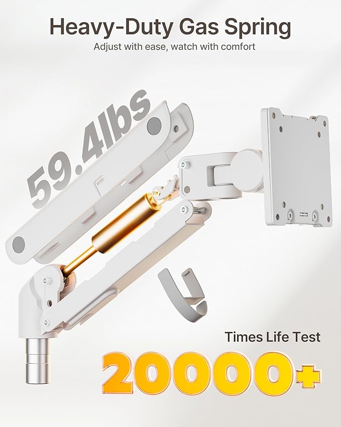 monTEK Dual Monitor Arm for up to 57" and 59.4 lbs Ultrawide Screen, Aluminum Heavy-Duty Gas Spring Vertical Stackable Curved Screen Adjustable Monitor Stand, 75/100mm Vesa Mount, White-DeskLoop Office