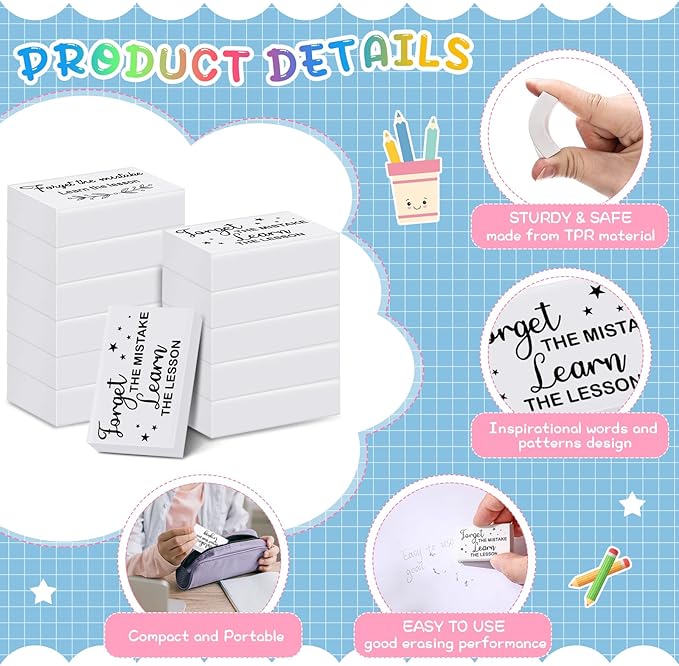 Nezyo 100 Pcs Inspirational Erasers Bulk for Kids Back to School Gifts Fun Erasers Motivational Reward Supplies for Classrooms Students Teachers Office Supplies(White)-DeskLoop Office