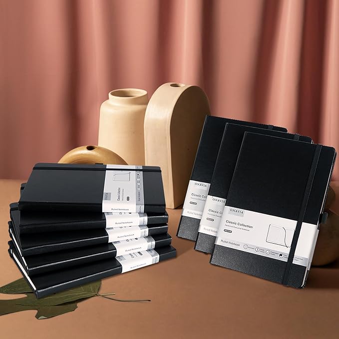 8 Pack Black Lined Journal Notebooks for Work, Travel, College, (A5 Size 100 GSM Thick Paper) - Classic Ruled, Hardcover Notepad for Writing 160 Pages, 5.5 x 8.3 inch, Multipack Journals-DeskLoop Office