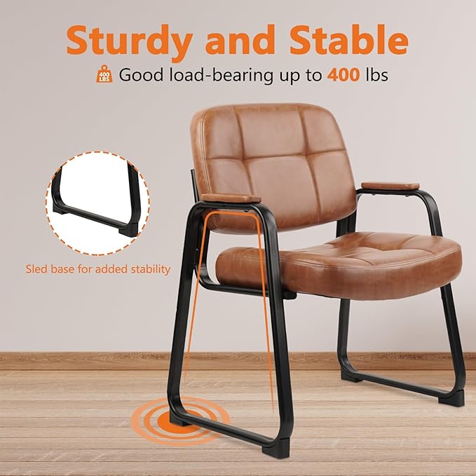 CLATINA Big & Tall 500 lbs Waiting Room Chairs with Padded Armrests and Sled Base, Leather Stationary No Wheels Office Guest Chair for Reception Lobby Home and Meeting Conference, Brown (8 Pack)-DeskLoop Office