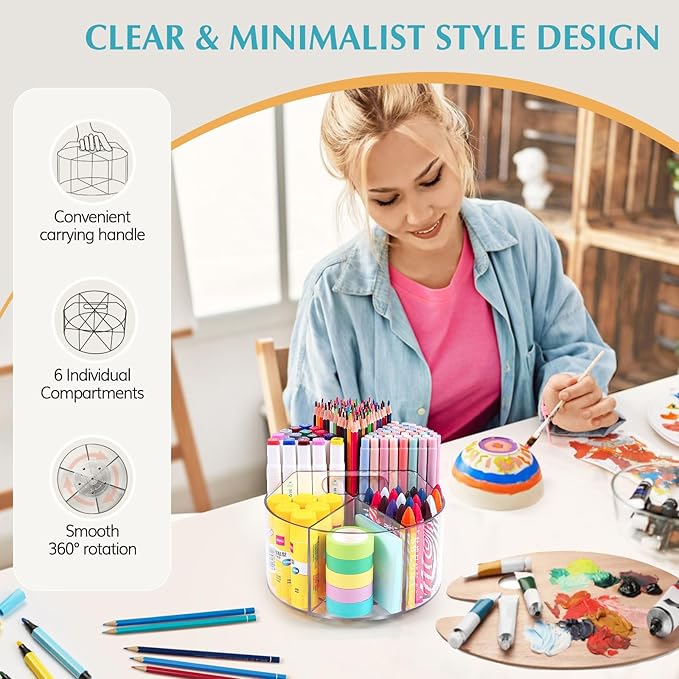 Large Acrylic Pen Holder for Desk, 6 Slots 360-Degree Rotating Pencil Holder Marker Organizer for Kids, Caddy Art Supply Organizer Crayon Organizers for Office School-DeskLoop Office