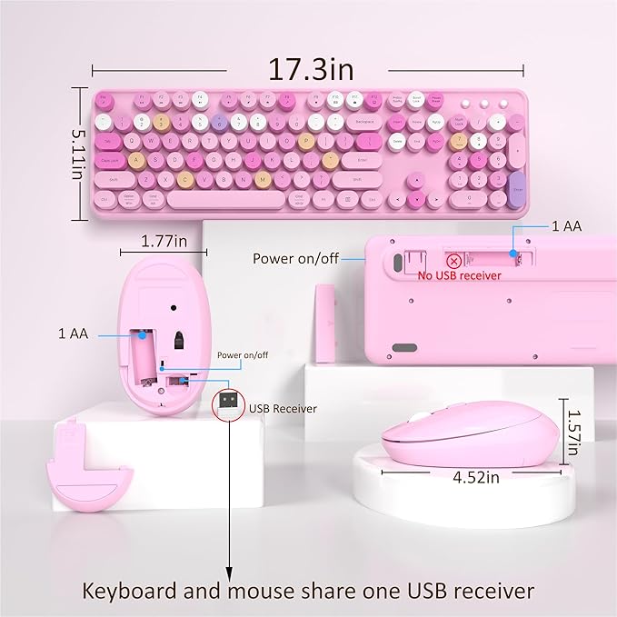 Wireless Keyboard and Mouse, Full-Size Retro Typewriter Keyboard with Round Keycaps, 2.4GHz for Windows, Mac, Laptop, PC, Desktop (Pink Colorful)-DeskLoop Office