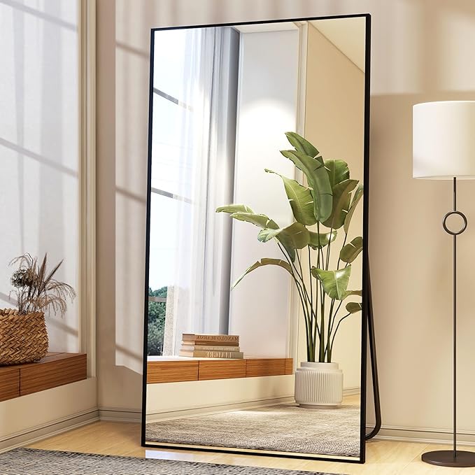 34"x76" Full Length Mirror with Stand, Large Rectangular Floor Mirror for Bedroom, Living Room or Closet, Wall-Mounted or Freestanding, Black Aluminum Alloy Frame-DeskLoop Office