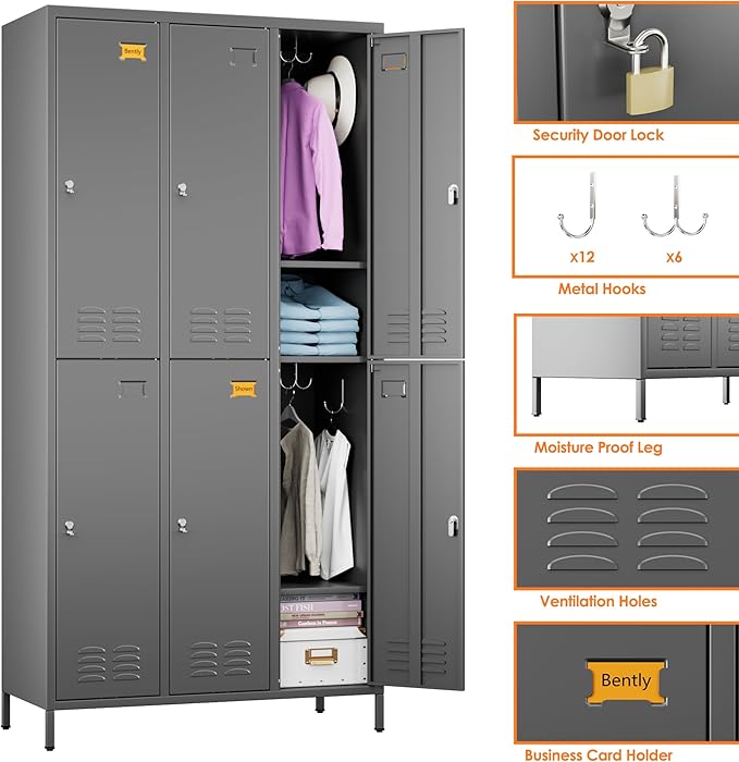6 Doors Metal Lockers for Employees with 18 Hooks and Business Card Holder, Metal Locker with Ventilation Holes for School Garage Office Gym Home,Assembly Required,Dark Grey-DeskLoop Office