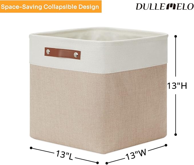DULLEMELO Fabric Storage Cubes,13 inch Cube Stroage Bins for Empty Gift Basket,Toy Nursery Storage Linen Closet Organizers and Storage Baskets Shelves Bins(White&Khaki)-DeskLoop Office
