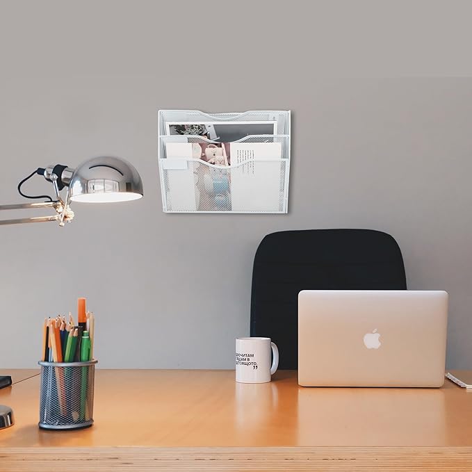 EASEPRES 3 Pocket Mesh Hanging Wall File Organizer, Wall Mounted Mail Paper Document Folder Holder, Clipboard Storage Organization Magazine Rack with Nametag Label for Office Home School, White-DeskLoop Office