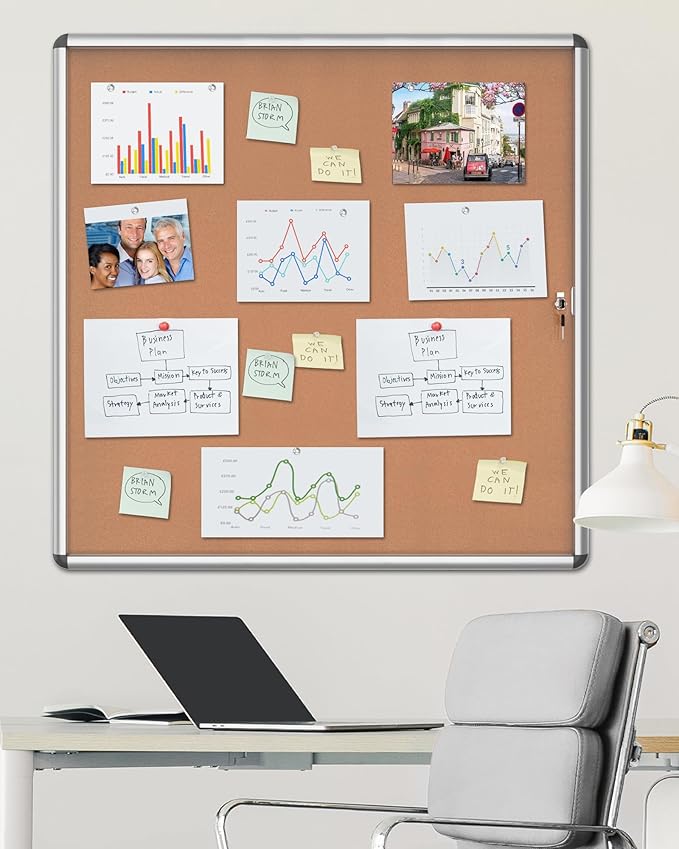 38"x38" Enclosed Bulletin Board, Lockable Weather-Resistant Aluminum Cork Noticeboard for School & Office, Silver Frame w/Cork-DeskLoop Office