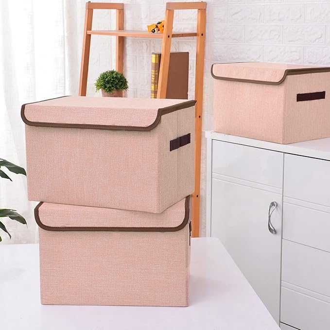 Linen Fabric Foldable Storage Cube Bin Organizer Basket with Flip-Top Lid & Handles, Large Clothes Blanket Box for Home, Office, Closet, Pink, 4 Pack 14.6 x 9.5 x 9.5”-DeskLoop Office