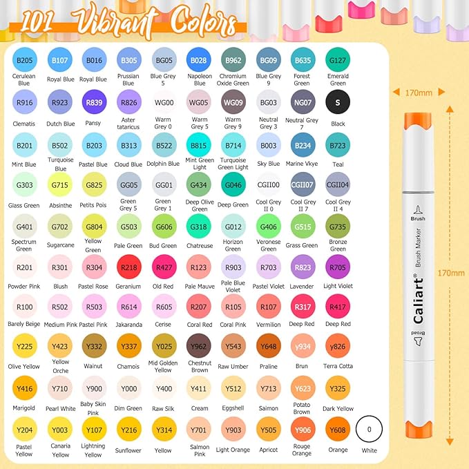 Caliart 101 Colors Brush & Chisel Alcohol Markers for Adult Coloring Book, Dual Tip Artist Sketch Art Markers, Aesthetic Cute Preppy Stuff School Supplies, Pens for Lettering Drawing Cards Planner-DeskLoop Office