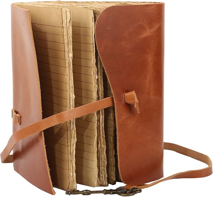 Leather Journal with Deckle Edge Paper 8x6 inch and Vintage Key | Handmade - Image 4