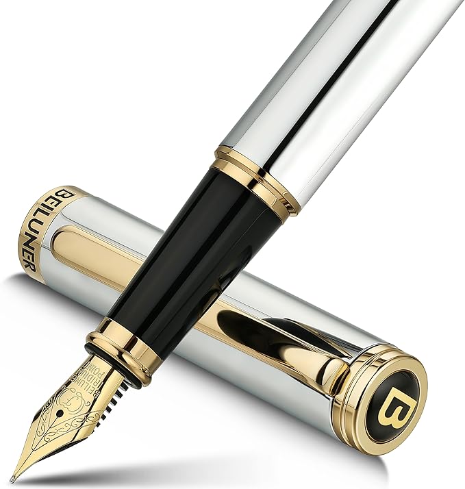 BEILUNER Silver Chrome Fountain Pen,Stunning Luxury Pens with 24K Gold Accents, Gorgeous 24K Gilded Nib(Fine), Ink Converter,Fancy Pen Gift for Men&Women-Elegant, Office, Reliable,Nice for Writing-DeskLoop Office
