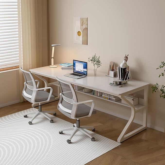 Extra Long Desk with Bookshelf - 71" Double Long Writing Table for 2-Person Workstation, Modern Study Work Computer Desk for Home and Office, Warm White-DeskLoop Office