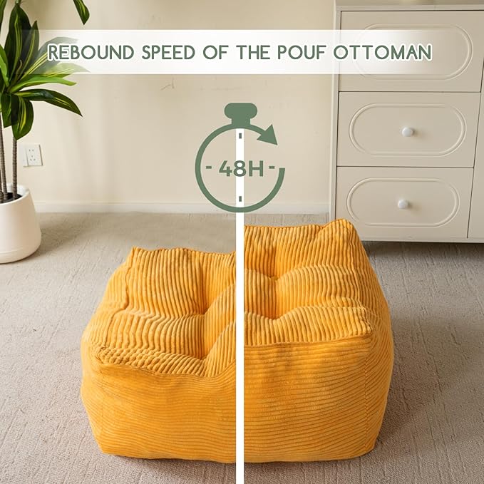 HIGOGOGO Square Stuffed Pouf Ottoman, Corduroy Poufs with Foam Chunk Filling, Furry and Fluffy Pouf Foot Stool Storage Ottoman, 25.6 X 25.6 Floor Poufs Foot Rest for Living Room, Orange-DeskLoop Office