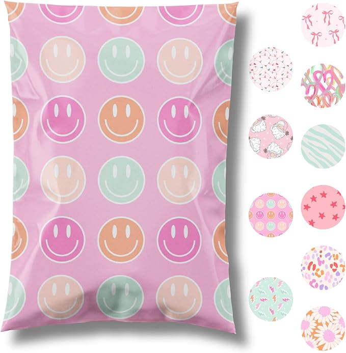 Pretty Package Store Designer Poly Mailers 14.5x19, Smiley Face, 100 Pack | by PrettyPackageStore