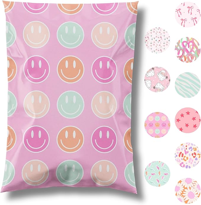 Pretty Package Store Designer Poly Mailer 10x13, Smiley Face, 100 Pack | Heavy by PrettyPackageStore