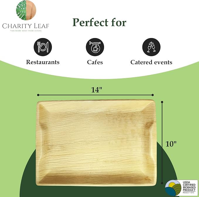 Charity Leaf Disposable Palm Leaf 14" x 10" Trays Bamboo Like Serving Platters - Image 3