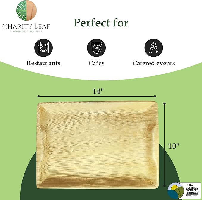 Charity Leaf Disposable Palm Leaf 14" x 10" Trays Bamboo Like Serving Platters - Image 3