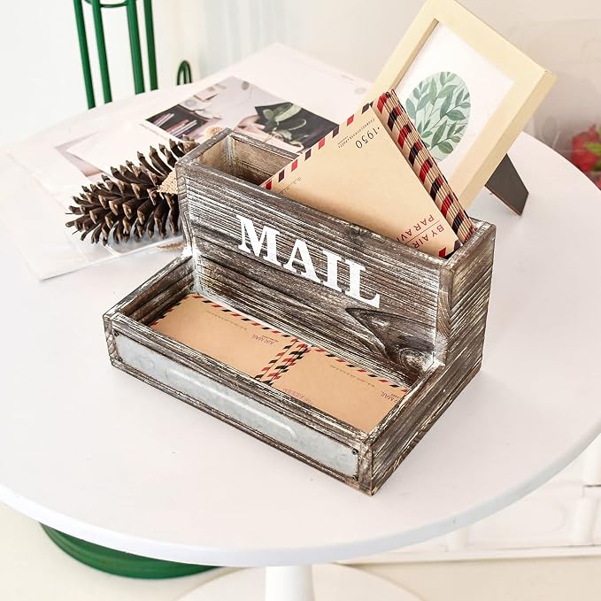 OKSQW Farmhouse Wood Desktop Desk Mail Organizer - Image 5