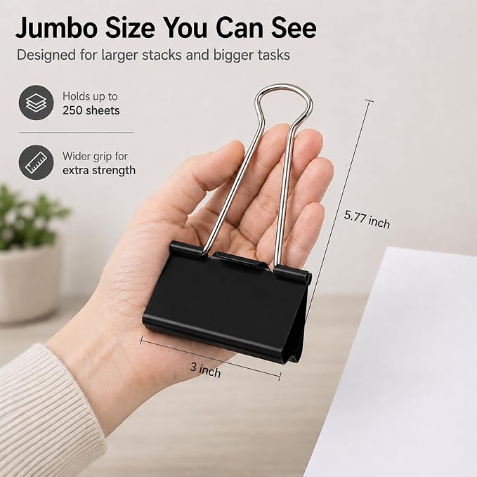 4 PCS 3 Inch Extra Large Jumbo Binder Clips – Sturdy Black Metal Paper Clamps - Image 2