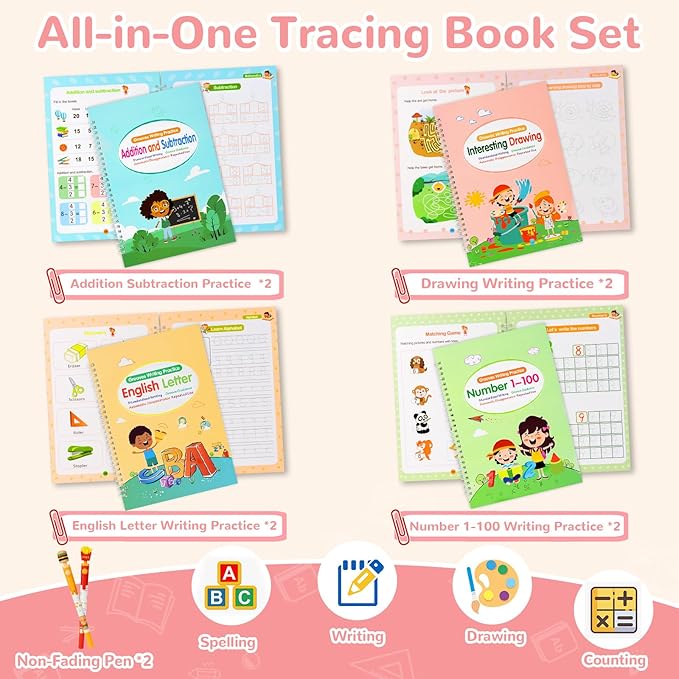 Large Size Grooved Writing Books for Kids Age 3-5 6-8, 8 Pack Magic Grooved Writing Practice Copybooks, Handwriting Prastice with Cute Fade-Resistant Pens, Workbooks Number Letter Tracing for Kids-DeskLoop Office
