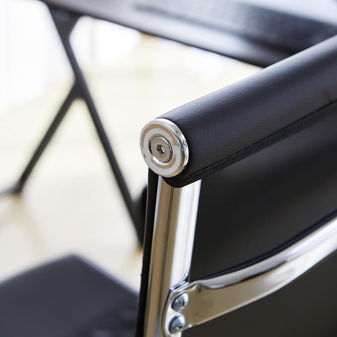 Livinia Modern Executive Office Chair with Patterned Back Design, Chrome & Leather Swivel Chair with High Back, Adjustable Height, Removable Armrests, and Wheels for Home Office (Black(Chrome))-DeskLoop Office