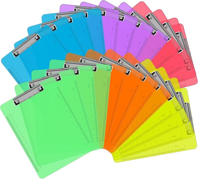 Plastic Clipboards, PANDRI 24 Pack Clear Colored Clipboards, Low Profile Clip by PANDRI