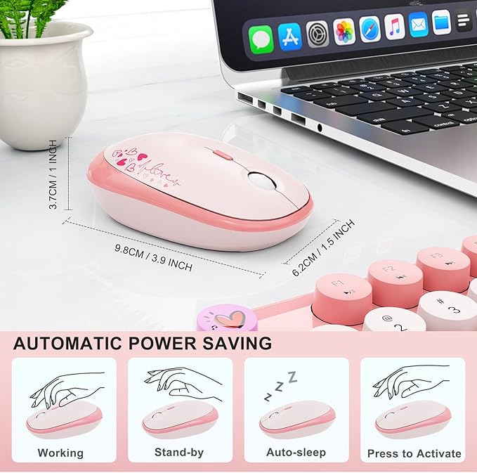 FOPETT Wireless Keyboard and Mouse Combo - 2.4G Full-Sized Cute Colorful Retro Keyboard with Round Keycaps 104 Keys Typewriter Keyboard for Laptop/Windows/PC-Pink Colorful-DeskLoop Office