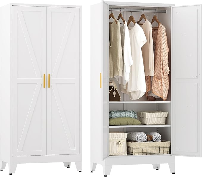 Farmhouse Wardrobe Cabinet,Metal Wardrobe Closet with Hanging Rod,Metal Armoire with Adjustable Shelves for Bedroom,Living Room, Cloak Room,Office (White)-DeskLoop Office