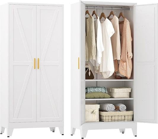 Farmhouse Wardrobe Cabinet,Metal Wardrobe Closet with Hanging Rod,Metal Armoire with Adjustable Shelves for Bedroom,Living Room, Cloak Room,Office (White)-DeskLoop Office