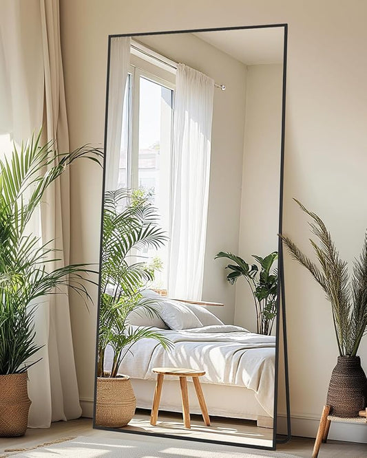 Full-Length Floor Mirror with Stand, 58"x21" Rectangle Style Full Body Standing Mirror for Bedroom, Living Room, Gym, Dorm - Shatter-Resistant & Easy Assembly, Black-DeskLoop Office