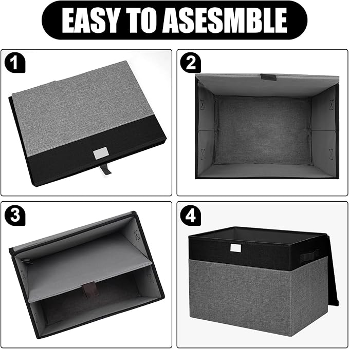 Large 17" 42 Quarts Collapsible Stackable Storage Bins with Lids [3-Pack] Foldable Fabric Linen Storage Boxes Cube, Closet Organizer Baskets with Label for Home (16.7 x 12 x 12", Black & Gray)-DeskLoop Office