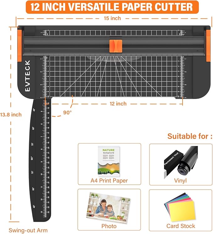 Evteck Paper Cutter 12 Inch Paper Trimmer Slider Crafting Scrapbooking Supplies for A4 Vinyl Photo Cardstock with Security Blade and Foldable Ruler-DeskLoop Office