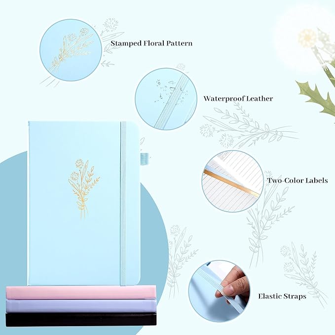 Lined Journal Notebook for Women Cute Leather Journaling Notebooks for Writing 192 Pages A5 Hardcover Aesthetic Floral Diary, 5.7 x 8.3 In, Blue-DeskLoop Office