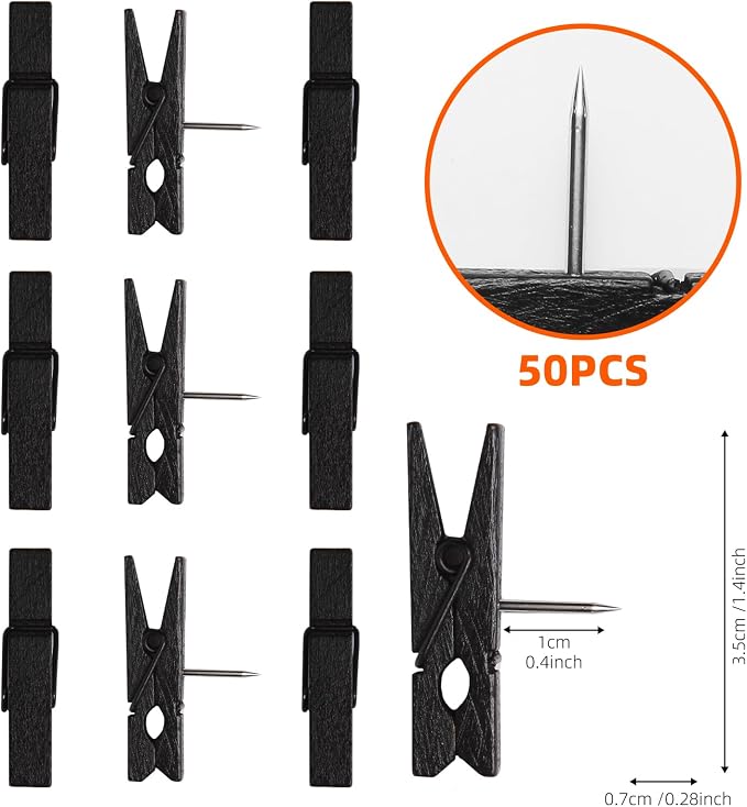 Black Push Pins, Spring-Loaded Wooden Clips | Damage-Free Cork Board Tacks - Image 2