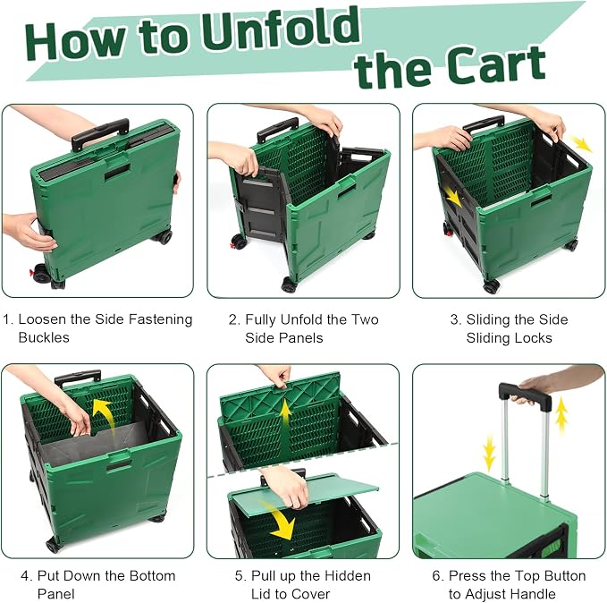 FELICON Folding Utility Cart Rolling Crate Handcart Basket-Dark Green+Black | - Image 4