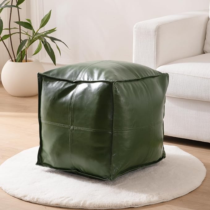 Unstuffed Pouf Cover, 17.7" Faux Leather Poofy Ottoman Cover, Square Footstool For Storage Living Room Decoration Foot Rest, Footrest for Bedroom Balcony Office Chair, (Only Cover, No Filler), Green-DeskLoop Office