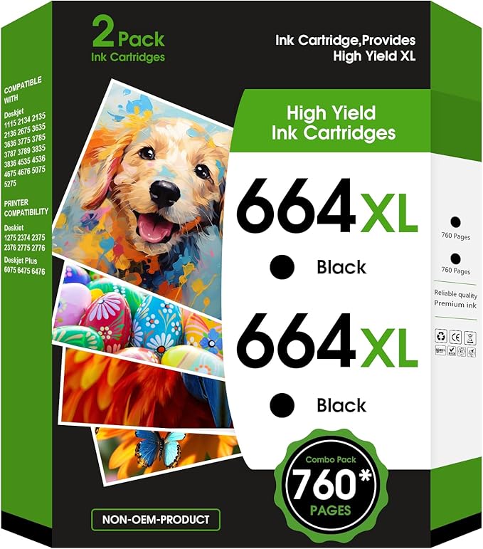 664XL Ink Cartridge Replacement for 664 664XL 664 XL Ink Cartridges Black and Color for DeskJet Ink Advantage 1115 2135 2138 3635 3636 3638 4535 4536 4538 4675 4676 4678 Printer Ink 2 Black-DeskLoop Office