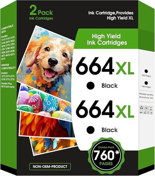 664XL Ink Cartridge Replacement for 664 664XL 664 XL Ink Cartridges Black and Color for DeskJet Ink Advantage 1115 2135 2138 3635 3636 3638 4535 4536 4538 4675 4676 4678 Printer Ink 2 Black-DeskLoop Office