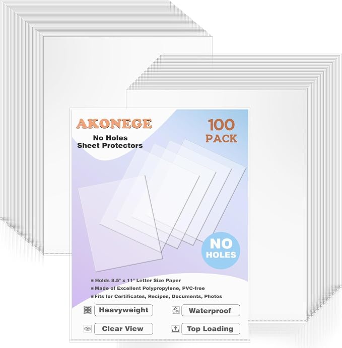 AKONEGE 100 Pack No Holes Sheet Protectors 8.5 x 11 Inch Letter Size Page by AKONEGE